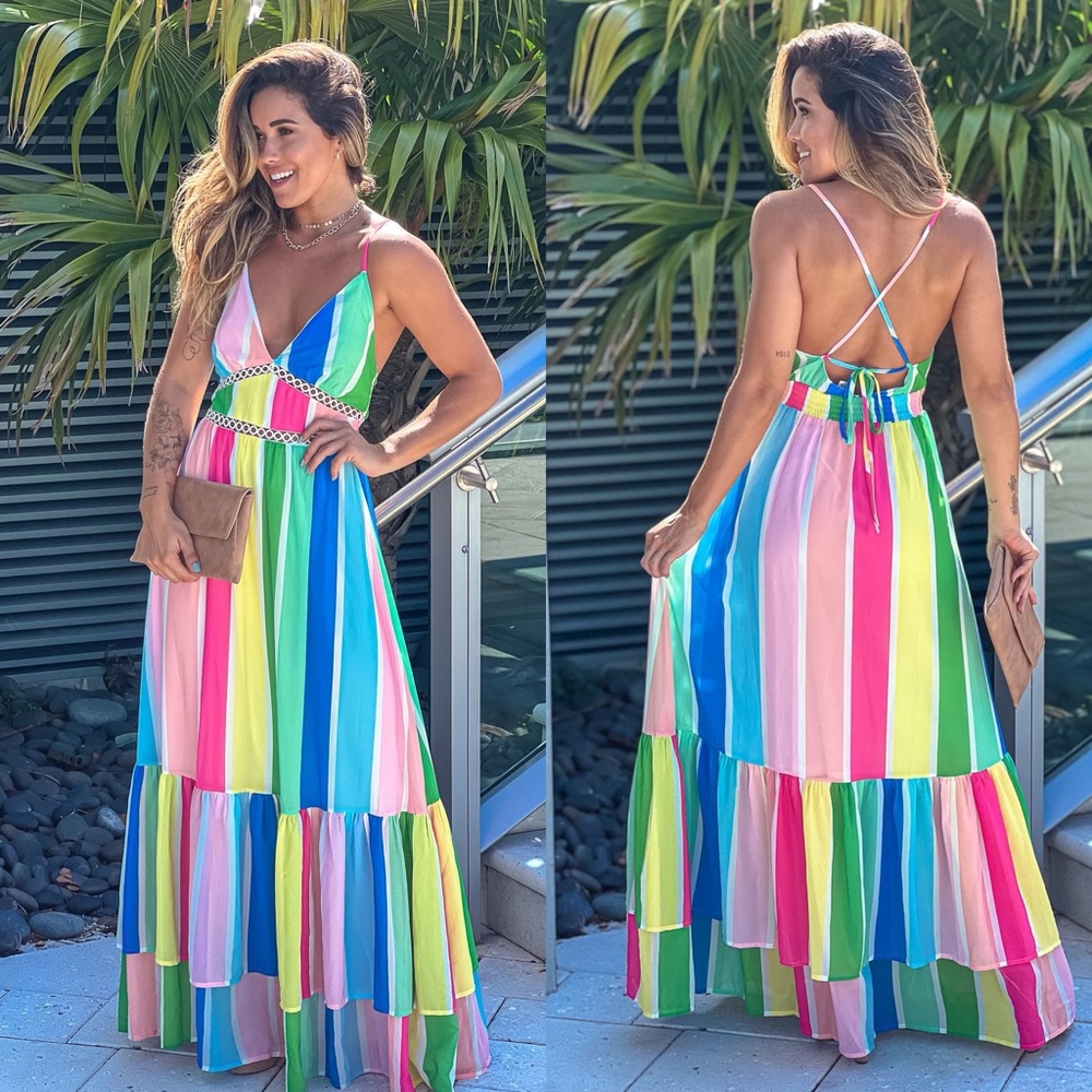 Striped Multicolor Maxi Dress with Crisscross Back